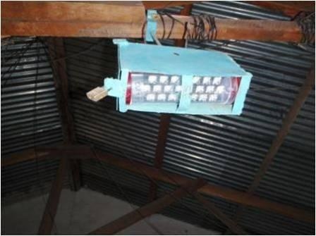 SANYO Solar Lantern in a specially-made case fixed on the beam