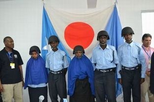 The Somali Police Force with Helmets provided by funding from Japan. The TFG Police Commissioner gave his appreciation for Japan’s assistance as well as his strong commitment toward ensuring security in Somalia.