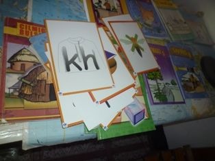 Educational materials provided by funding from Japan. Each material is marked with a National Flag of Japan